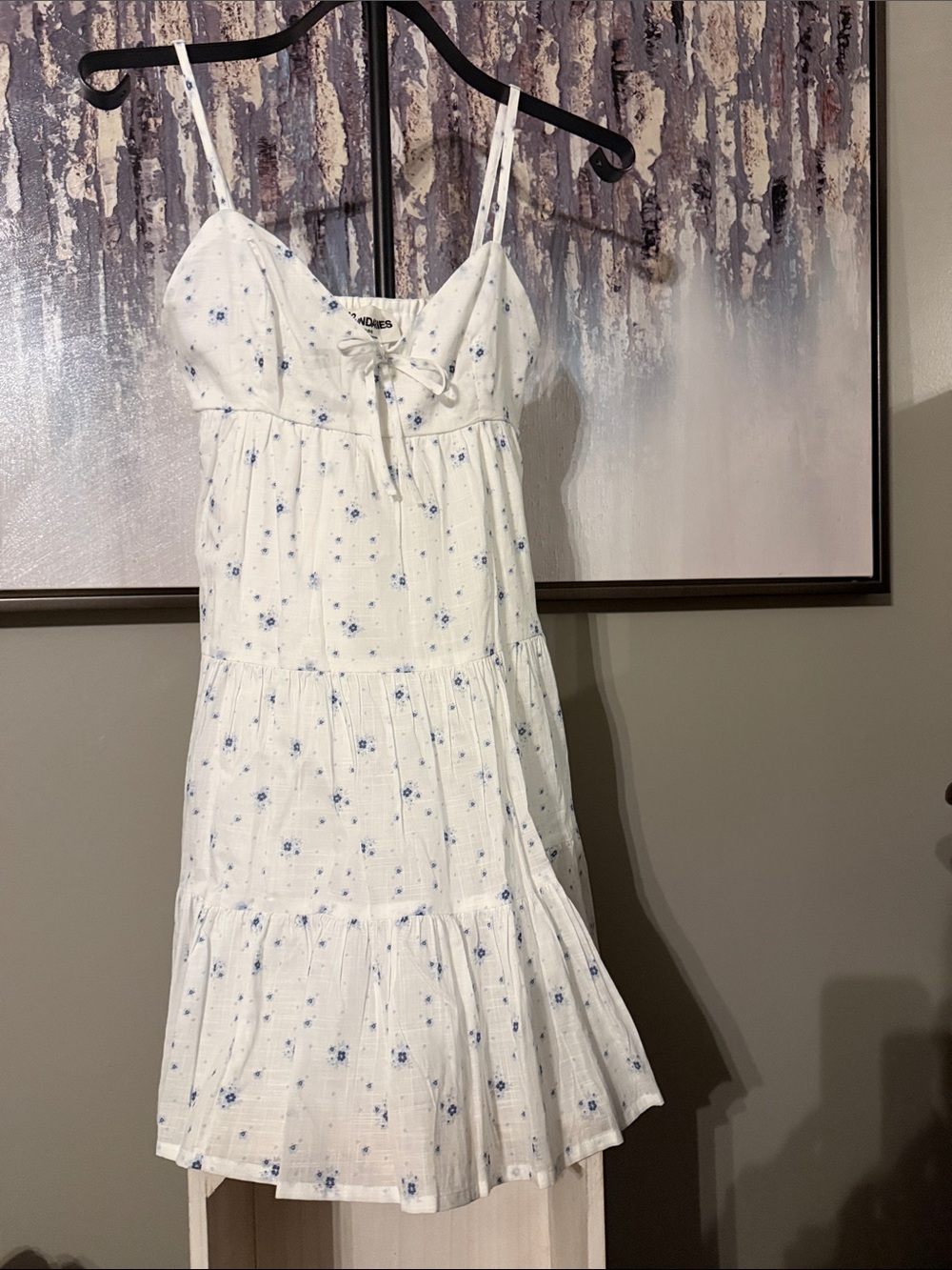 White Floral Tie-Front Cotton Dress with Blue Accents